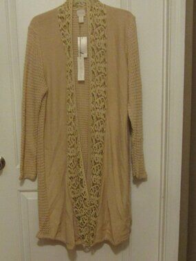 NWT CHICOS LACE PLACKET LONG (40") CREAM Colored Cardigan Size 3/4 (to size 10)